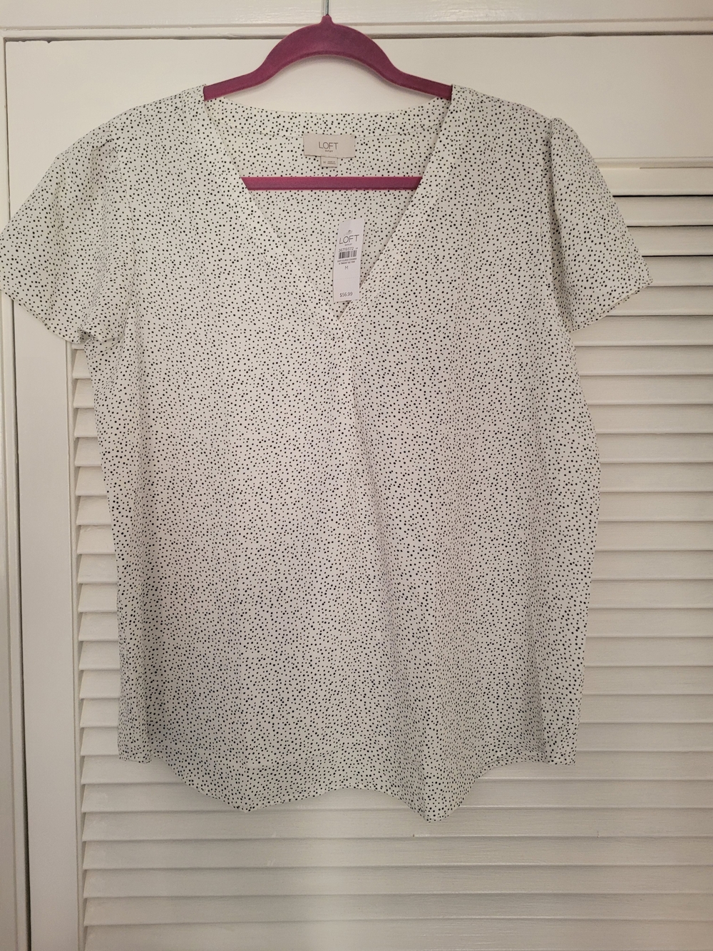 LOFT White V-Neck Short Sleeve Top with Black Dot Print